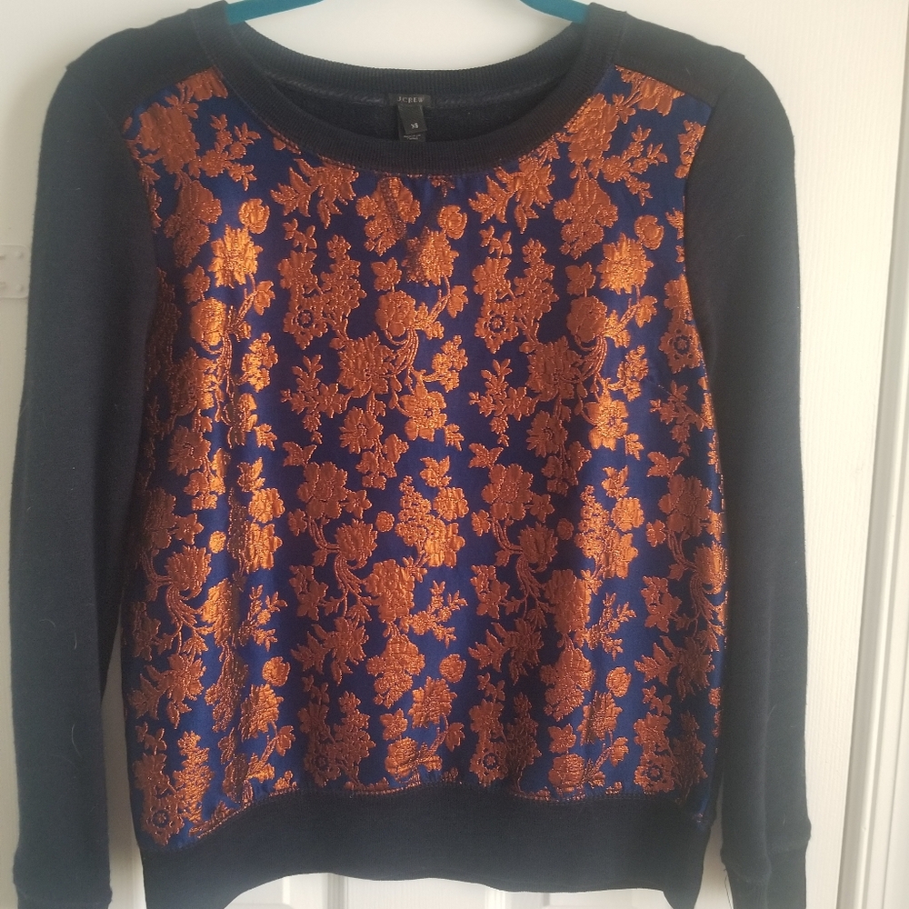 J Crew navy and copper brocade pullover sweatshirt
